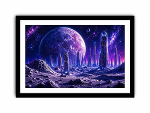 Futuristic city under a glowing alien moon
