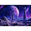Futuristic city under a glowing alien moon