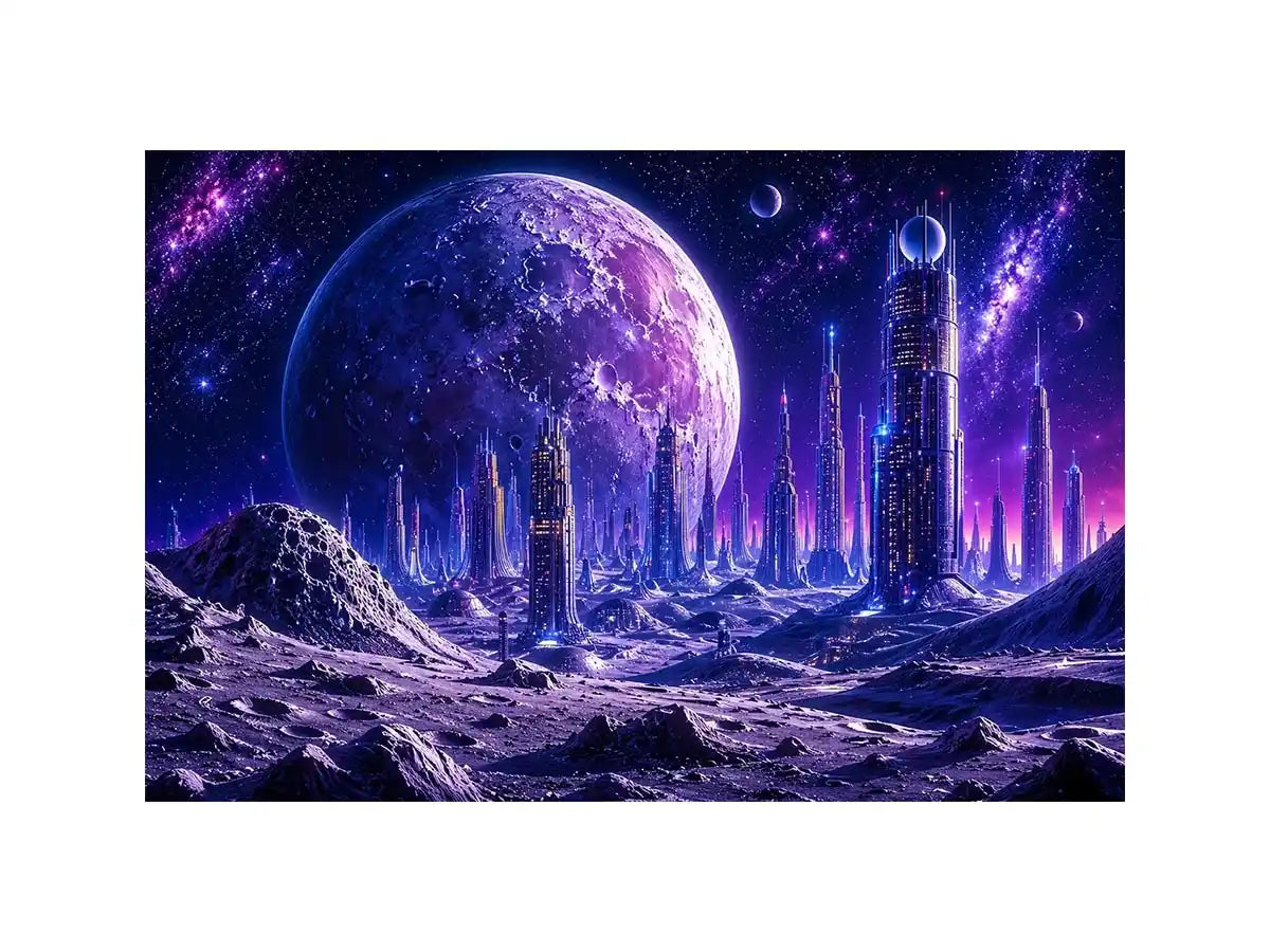 Futuristic city under a glowing alien moon