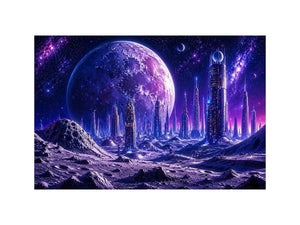 Futuristic city under a glowing alien moon