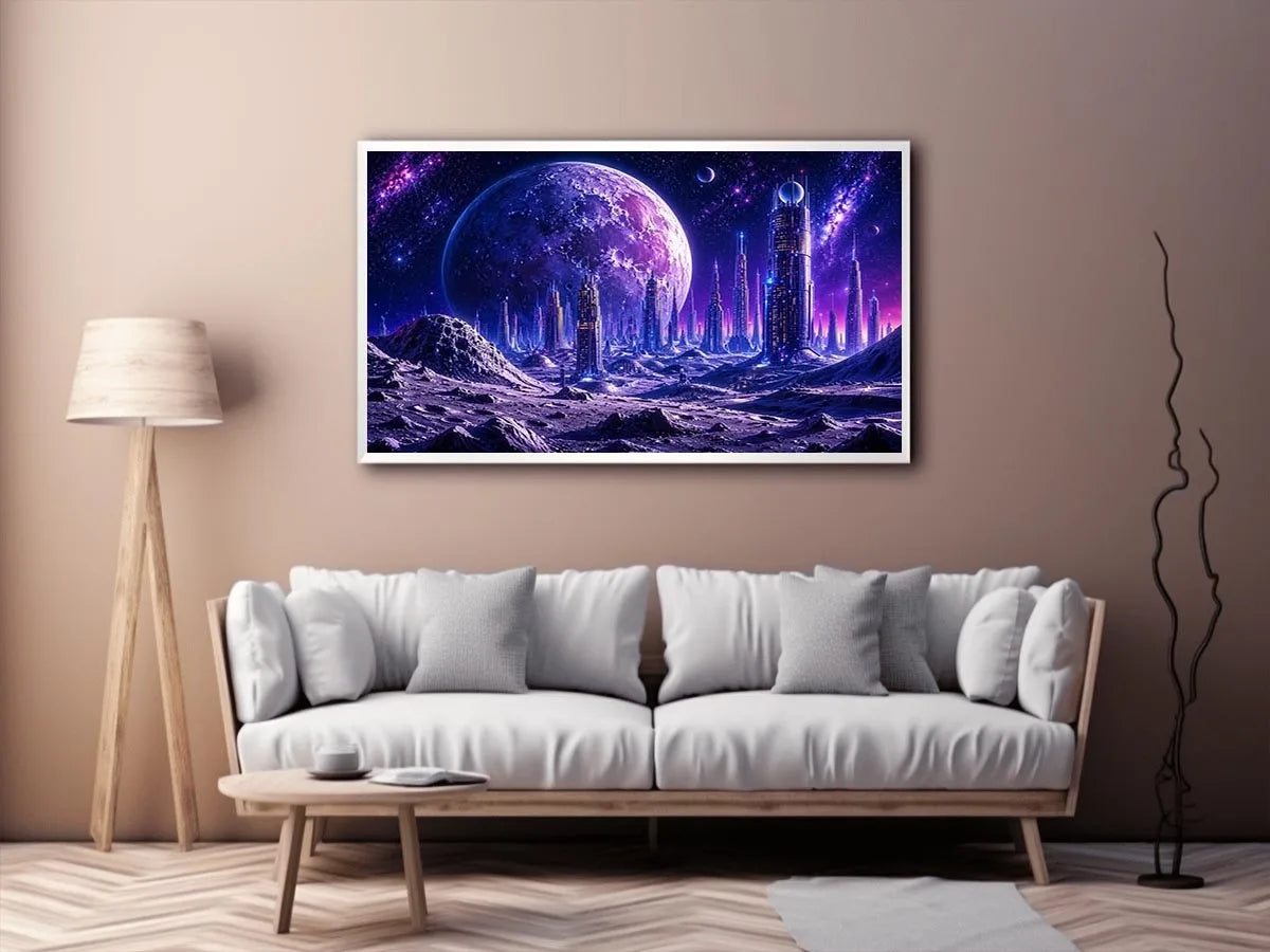 Futuristic city under a glowing alien moon