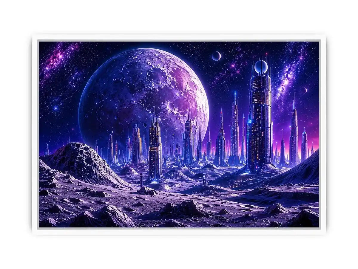 Futuristic city under a glowing alien moon