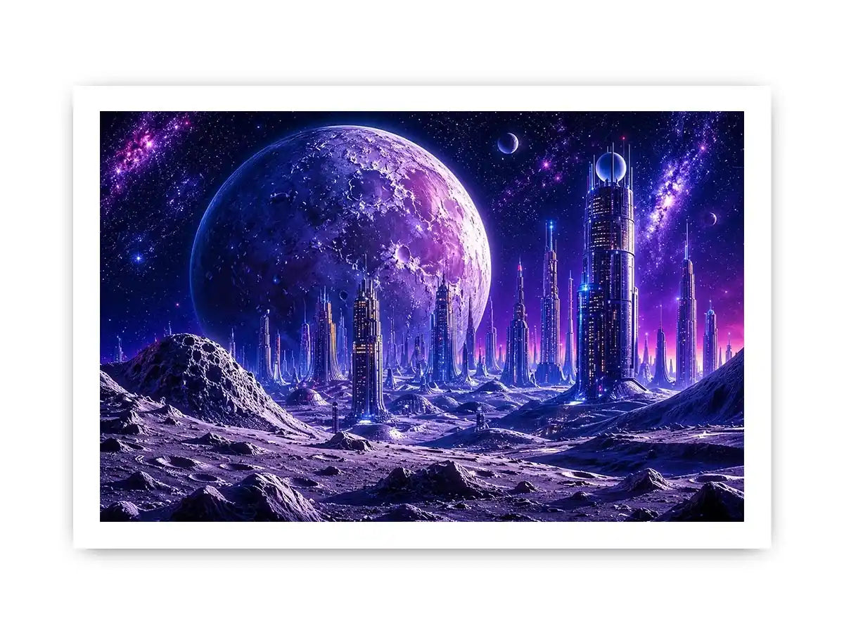 Futuristic city under a glowing alien moon