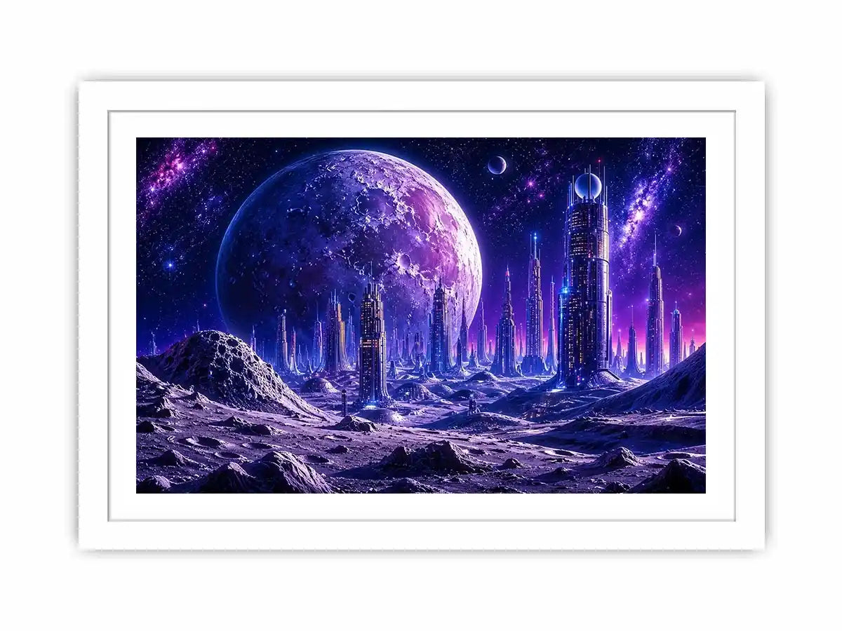 Futuristic city under a glowing alien moon