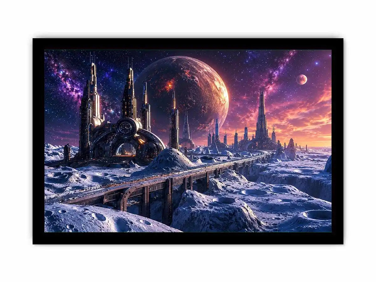 Frozen alien city under starry skies