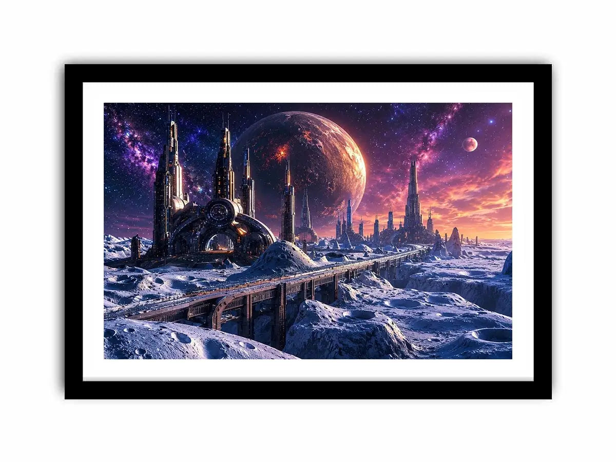 Frozen alien city under starry skies