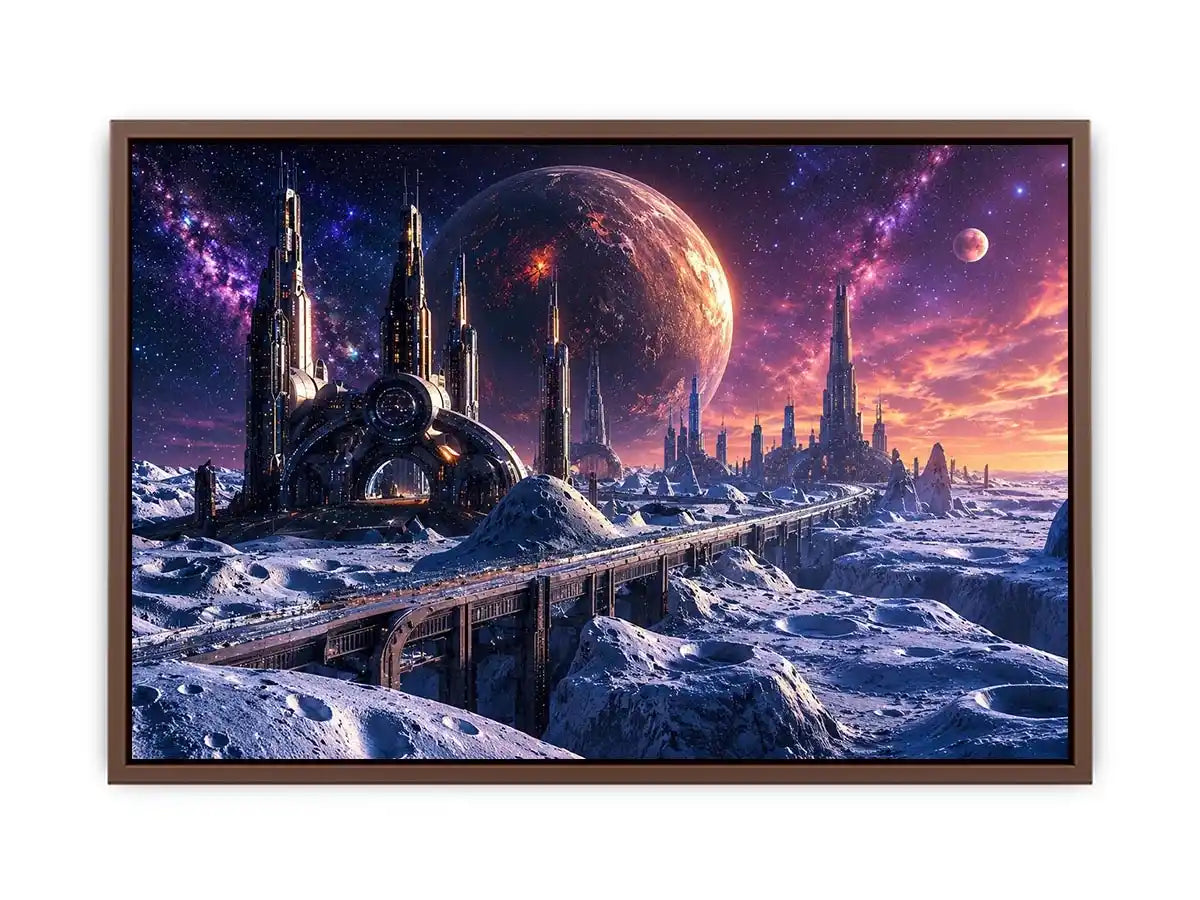 Frozen alien city under starry skies