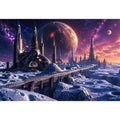 Frozen alien city under starry skies