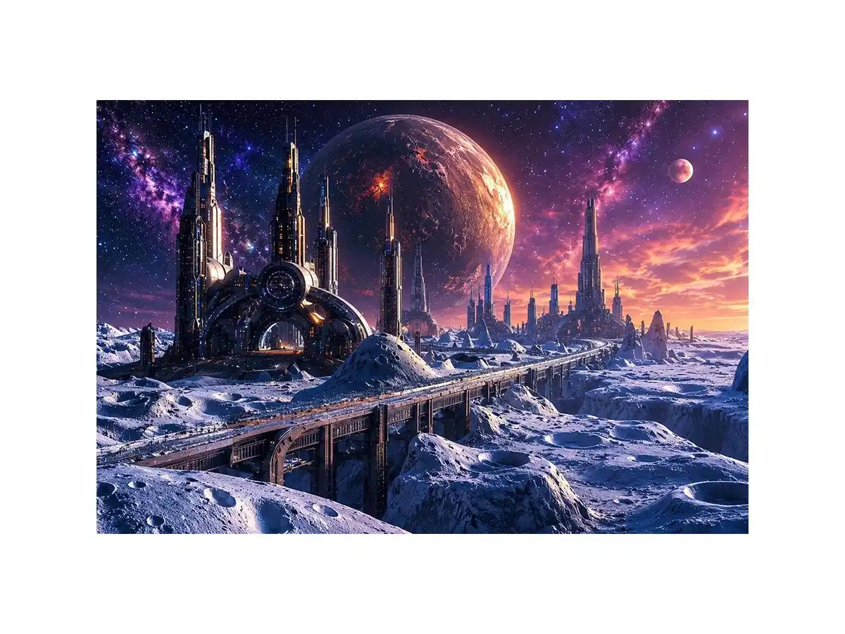 Frozen alien city under starry skies