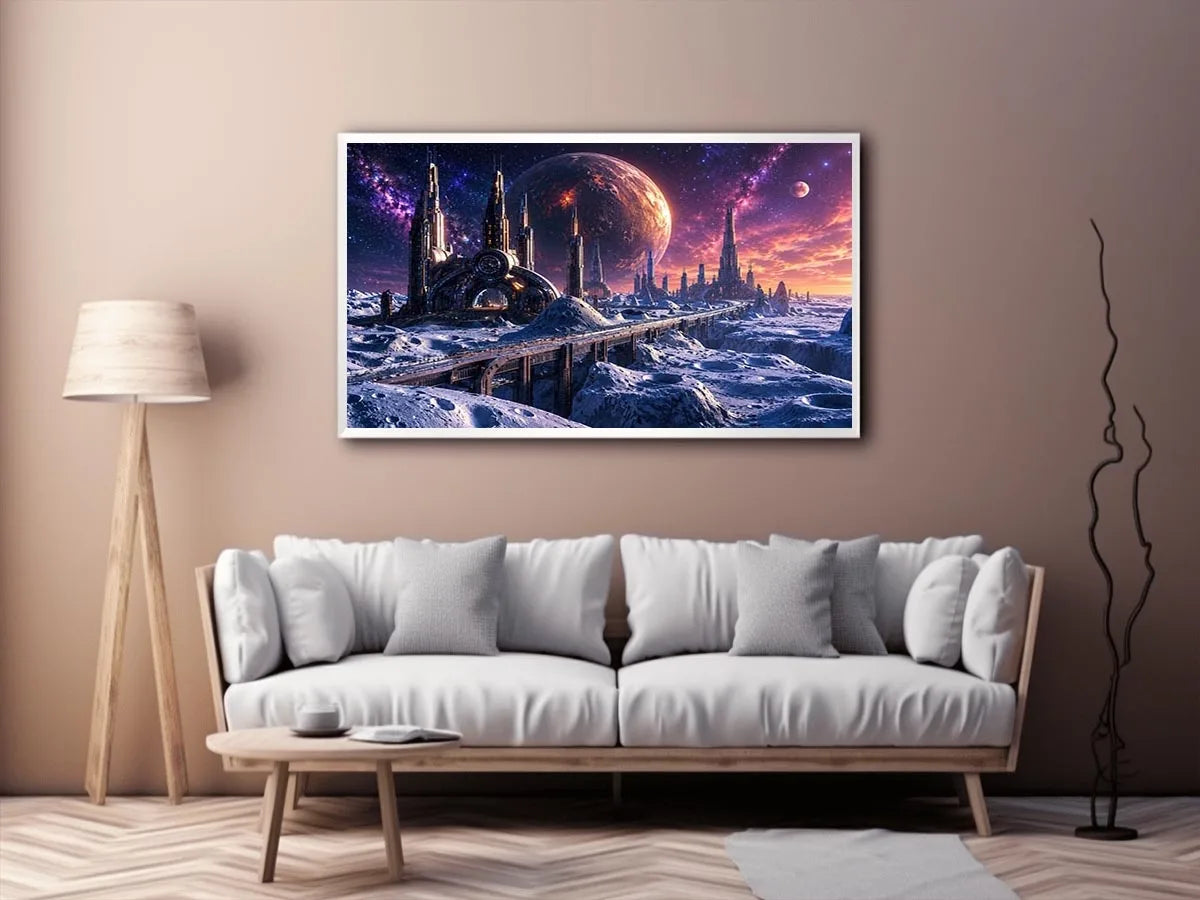 Frozen alien city under starry skies