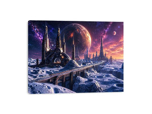 Frozen alien city under starry skies