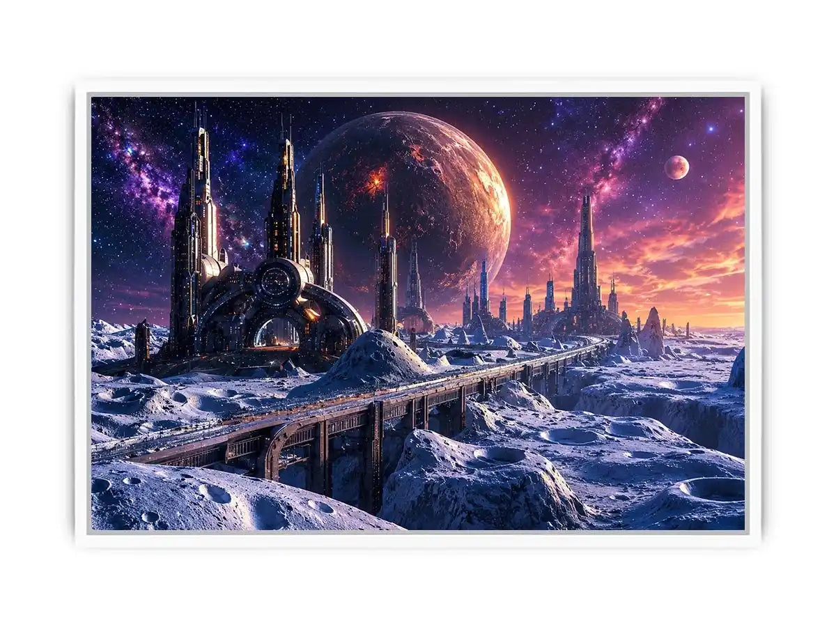 Frozen alien city under starry skies