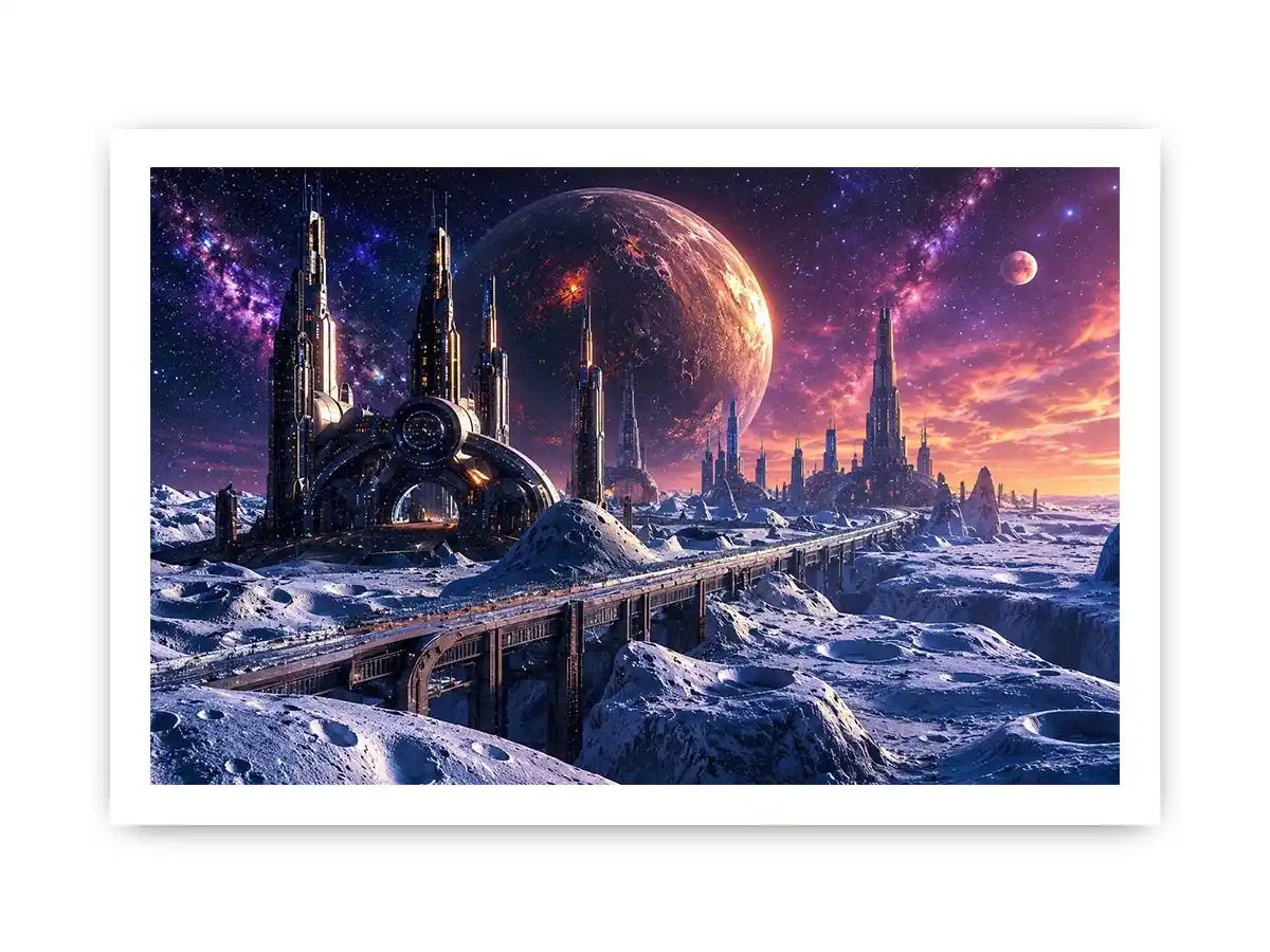 Frozen alien city under starry skies