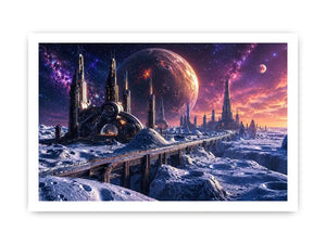 Frozen alien city under starry skies