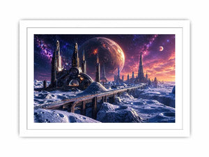 Frozen alien city under starry skies