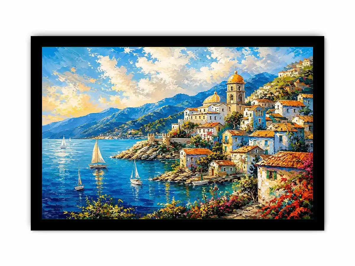 Coastal village under a vivid sky
