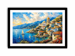 Coastal village under a vivid sky
