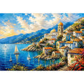 Coastal village under a vivid sky
