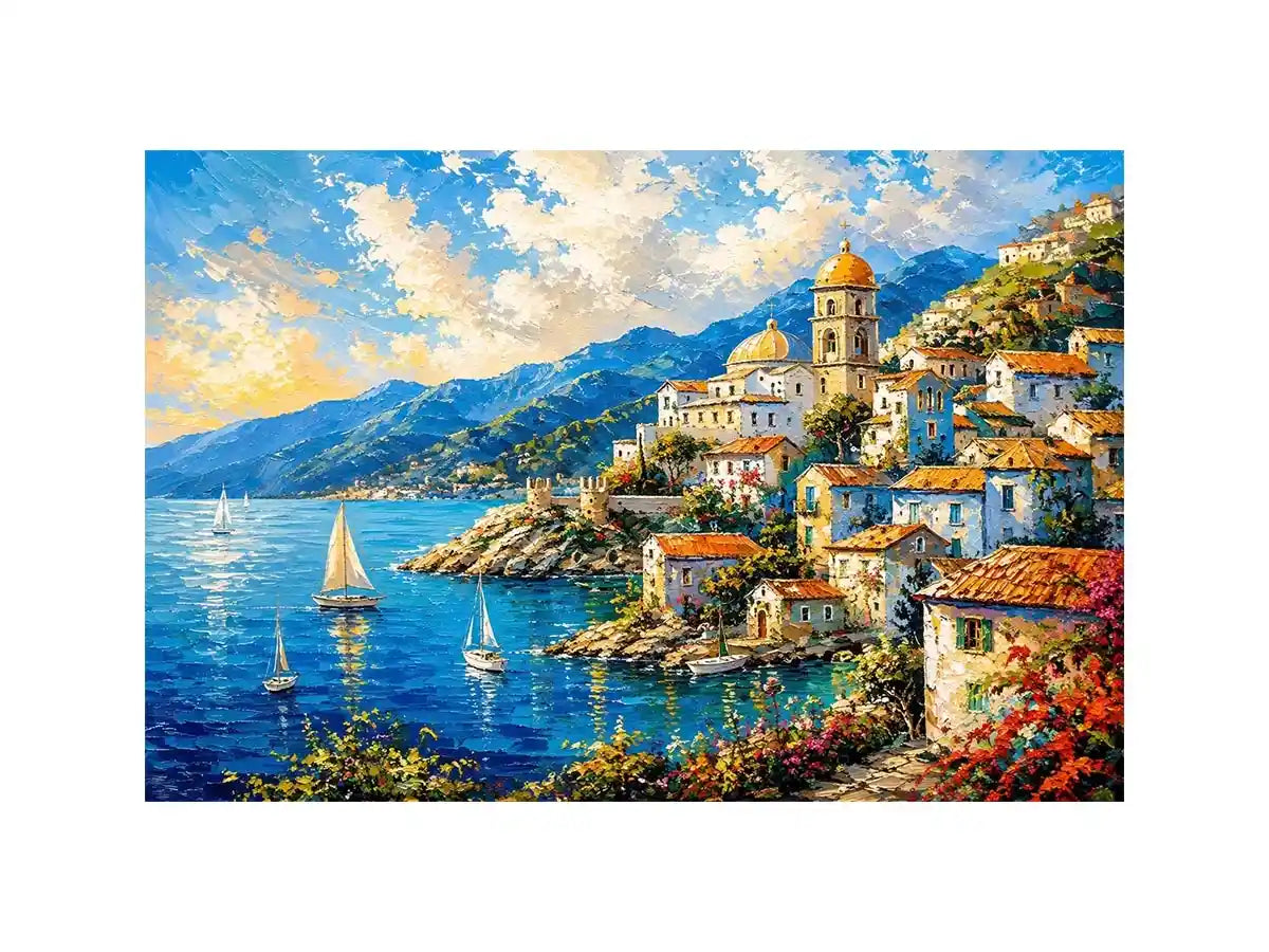Coastal village under a vivid sky