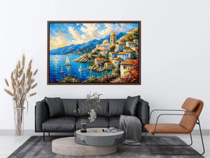 Coastal village under a vivid sky