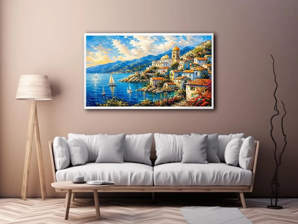 Coastal village under a vivid sky