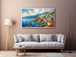 Coastal village under a vivid sky