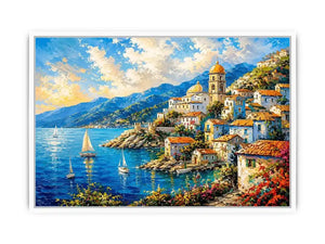 Coastal village under a vivid sky