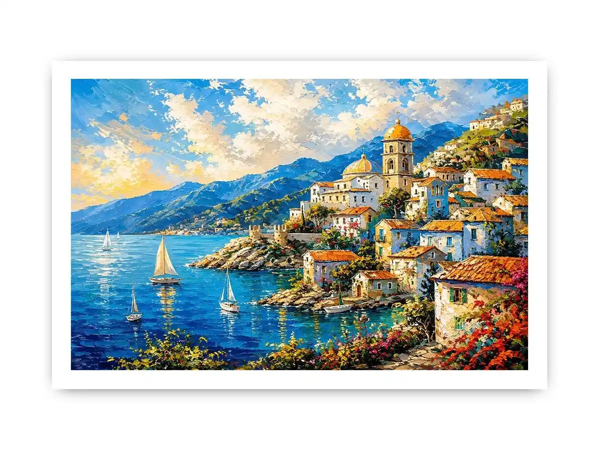 Coastal village under a vivid sky