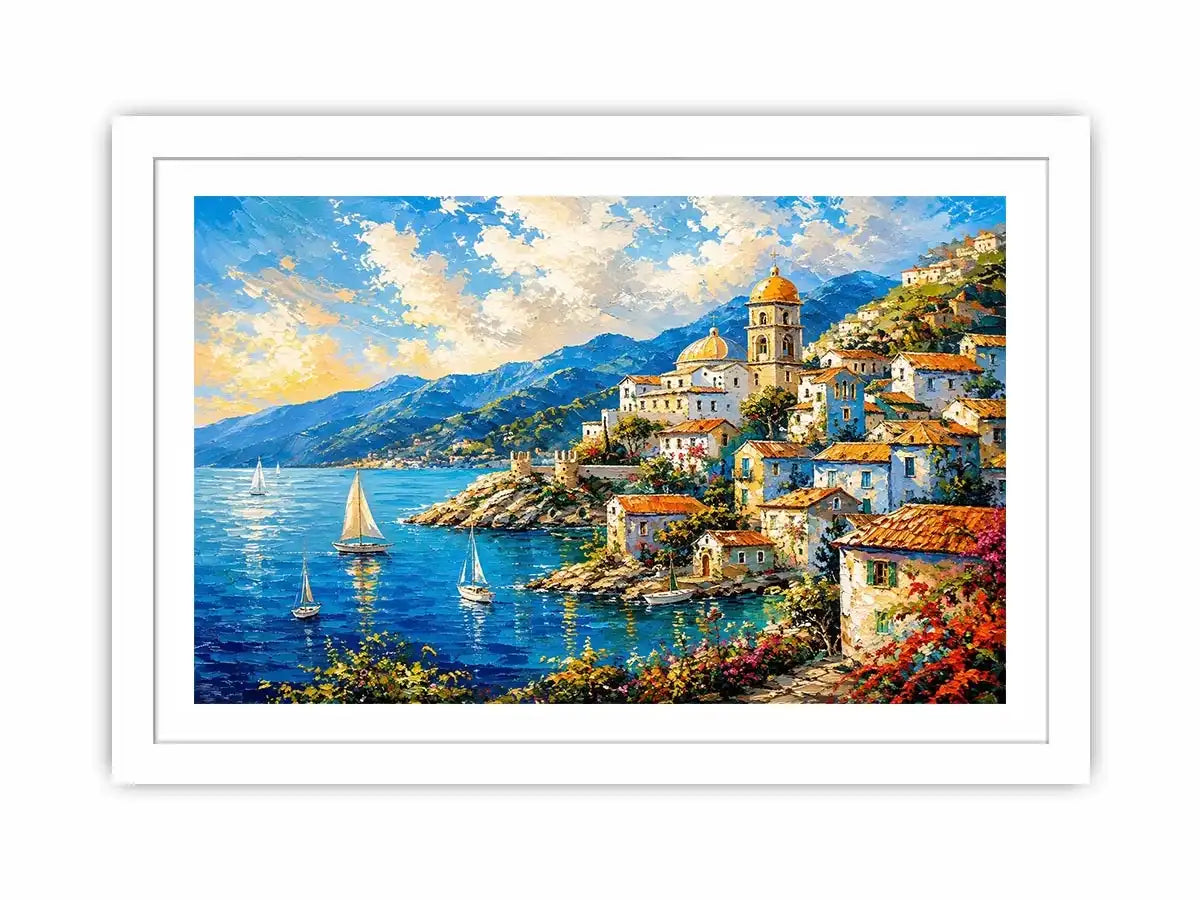 Coastal village under a vivid sky