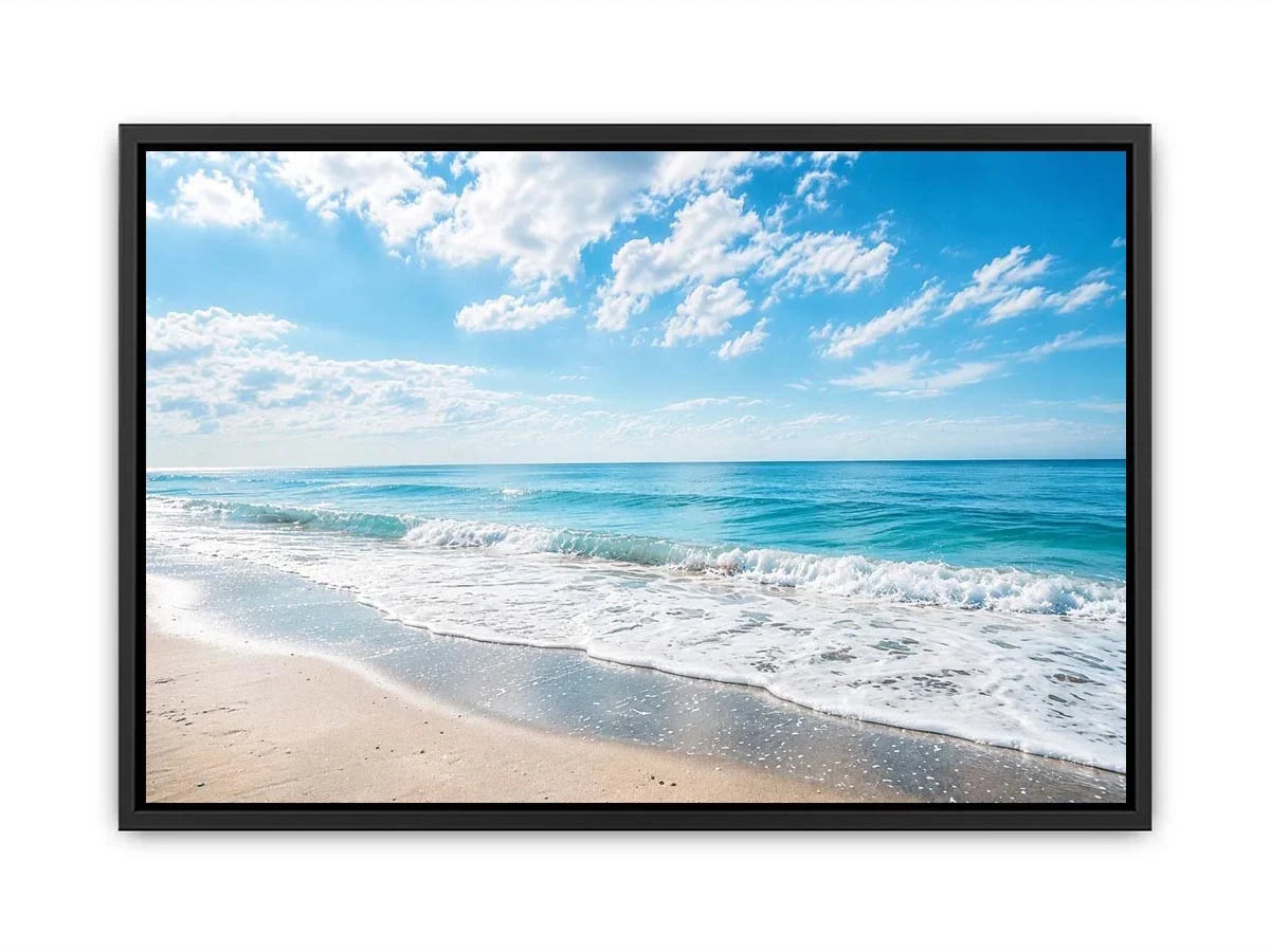 Tranquil coastal beach under blue skies