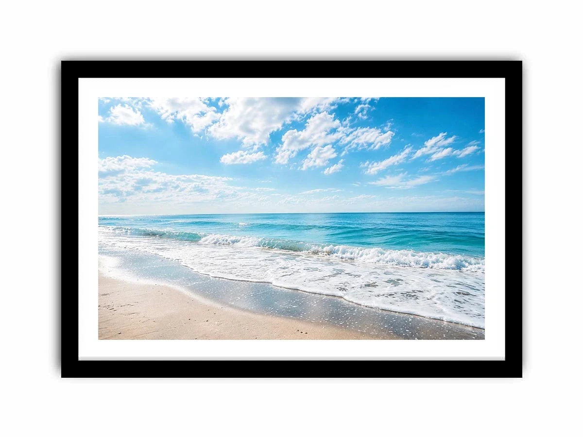 Tranquil coastal beach under blue skies