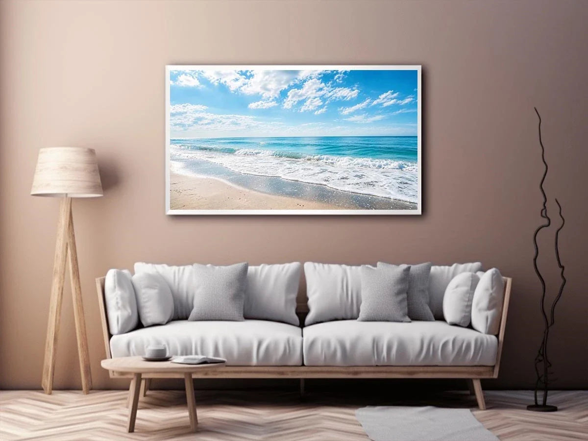 Tranquil coastal beach under blue skies