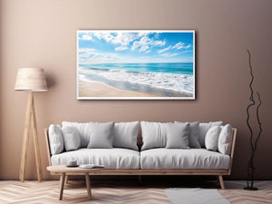 Tranquil coastal beach under blue skies