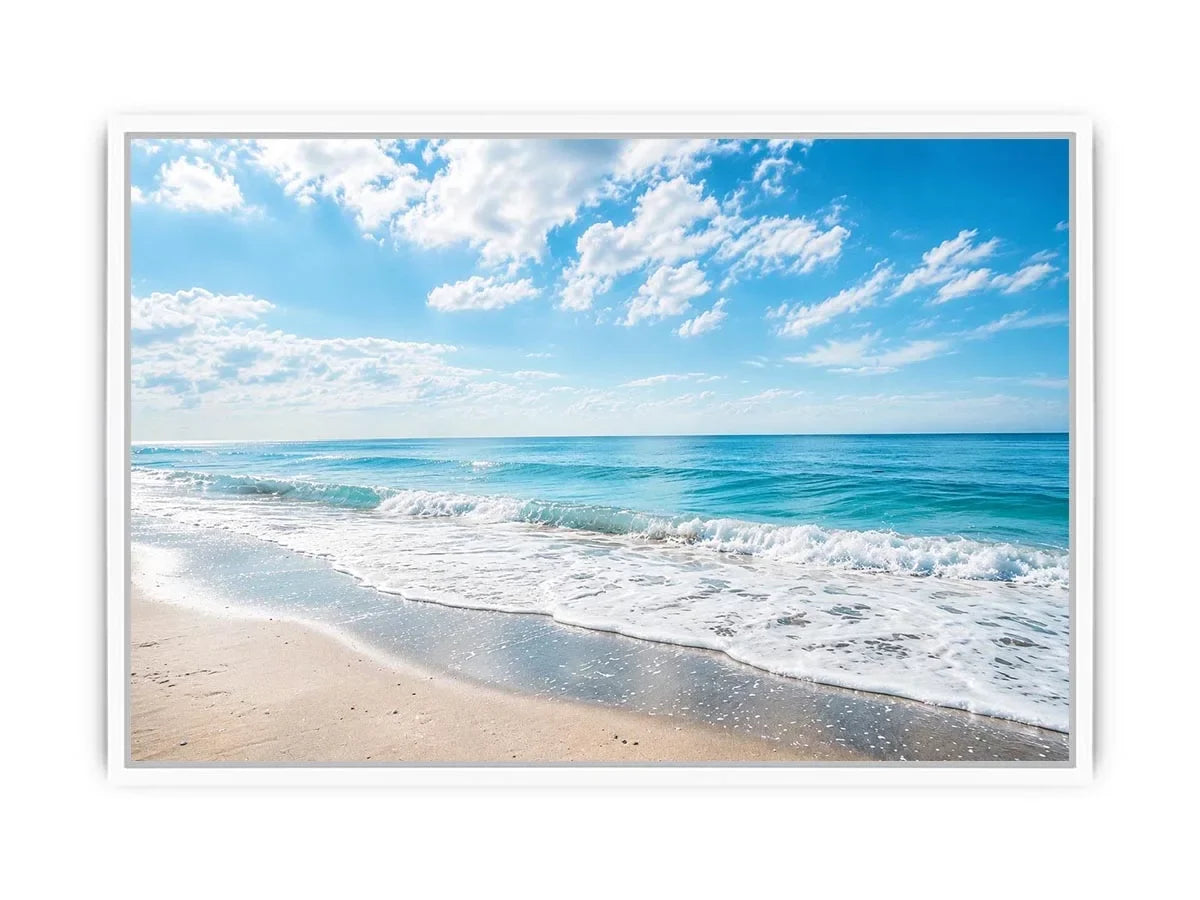 Tranquil coastal beach under blue skies