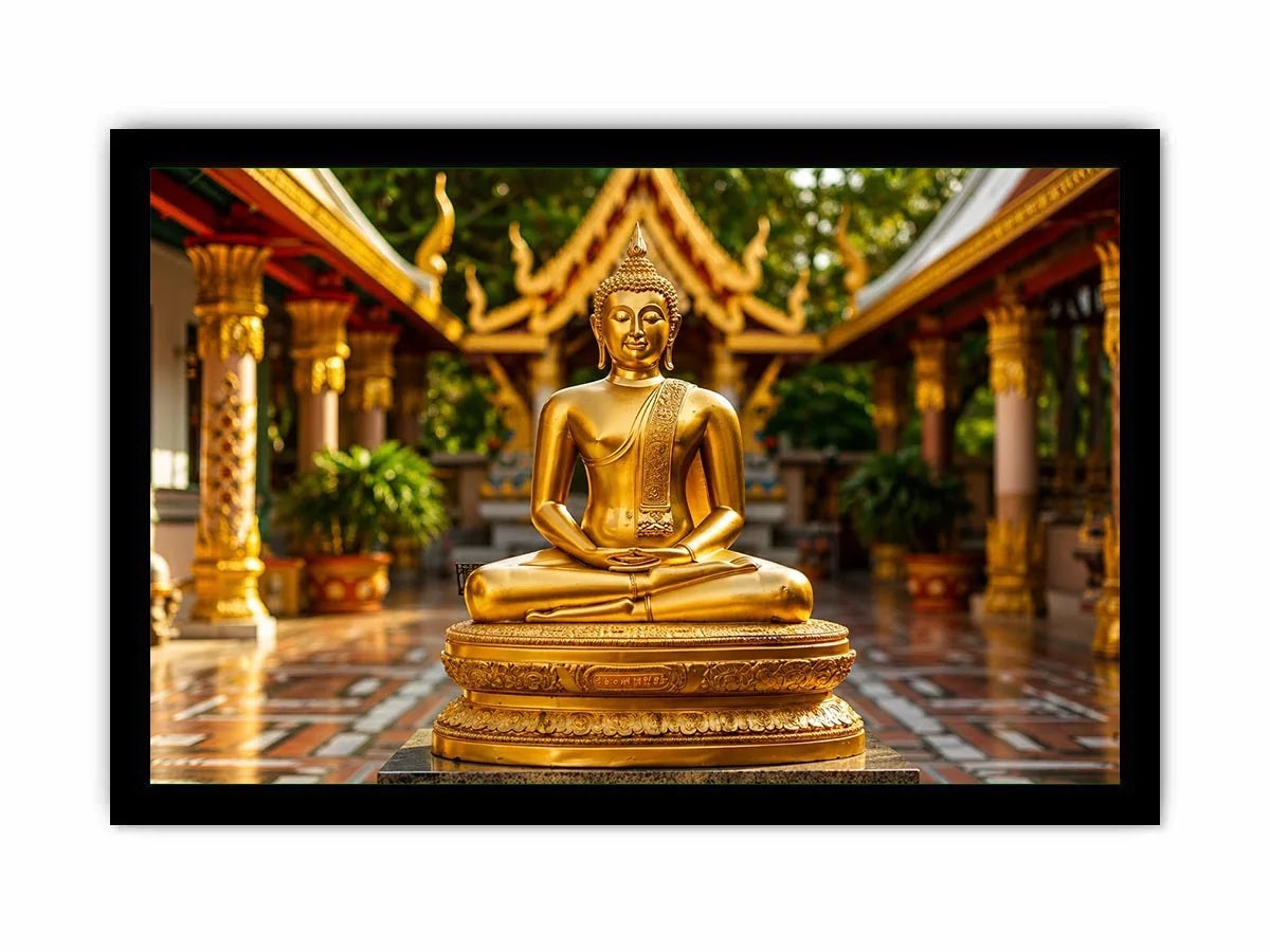 Golden Buddha in ornate temple setting