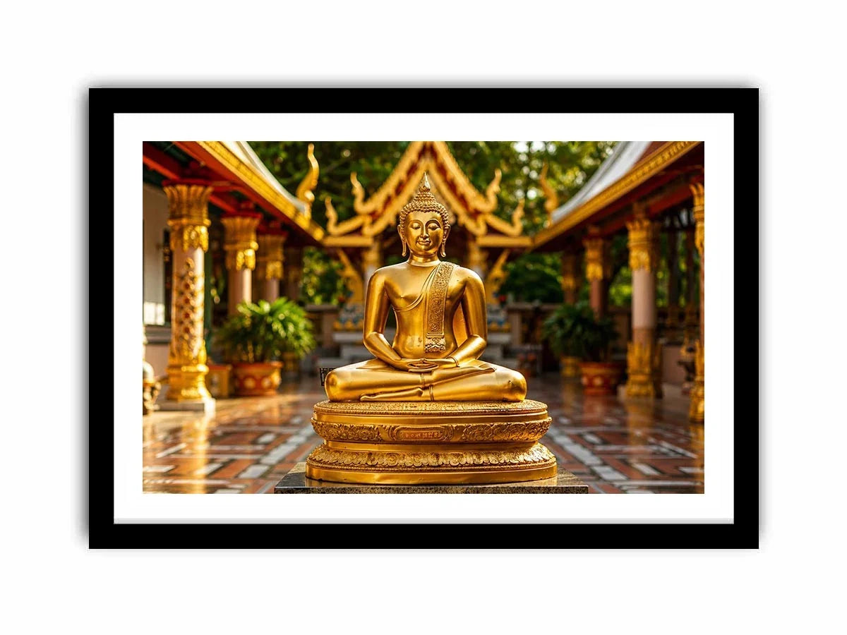 Golden Buddha in ornate temple setting