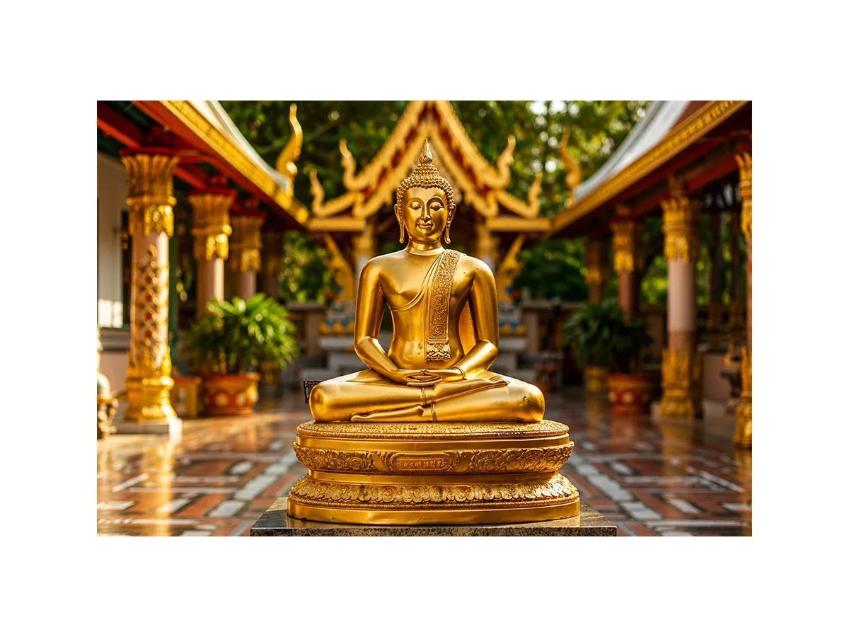Golden Buddha in ornate temple setting