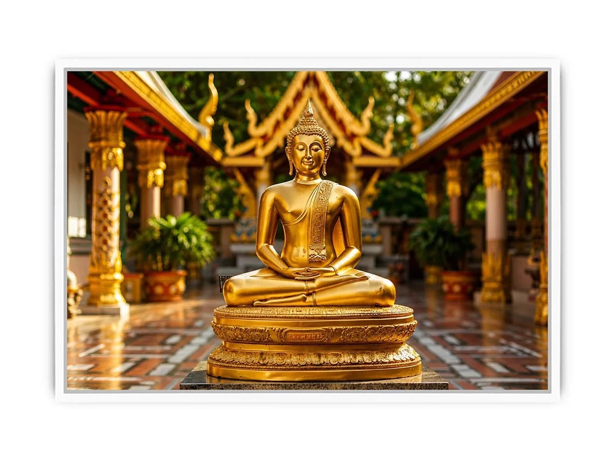 Golden Buddha in ornate temple setting