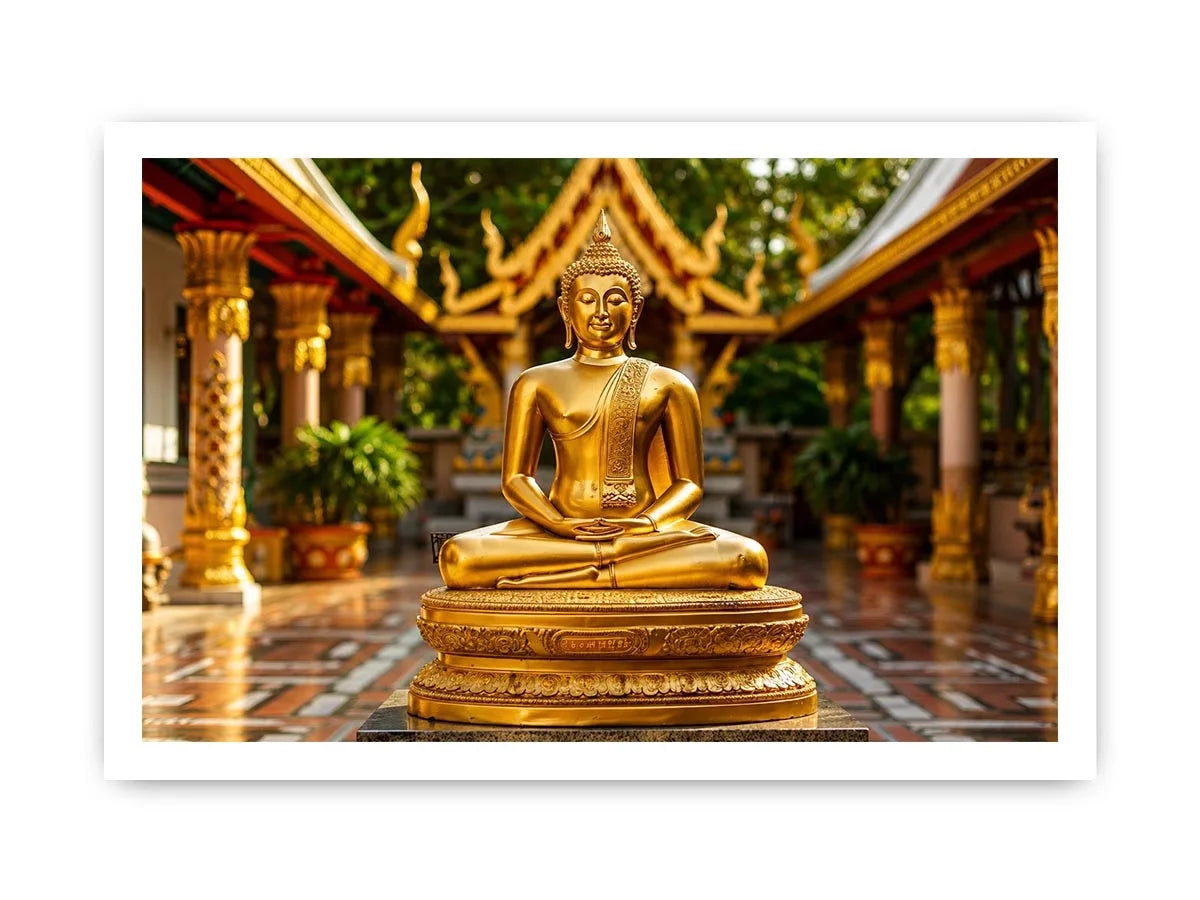 Golden Buddha in ornate temple setting