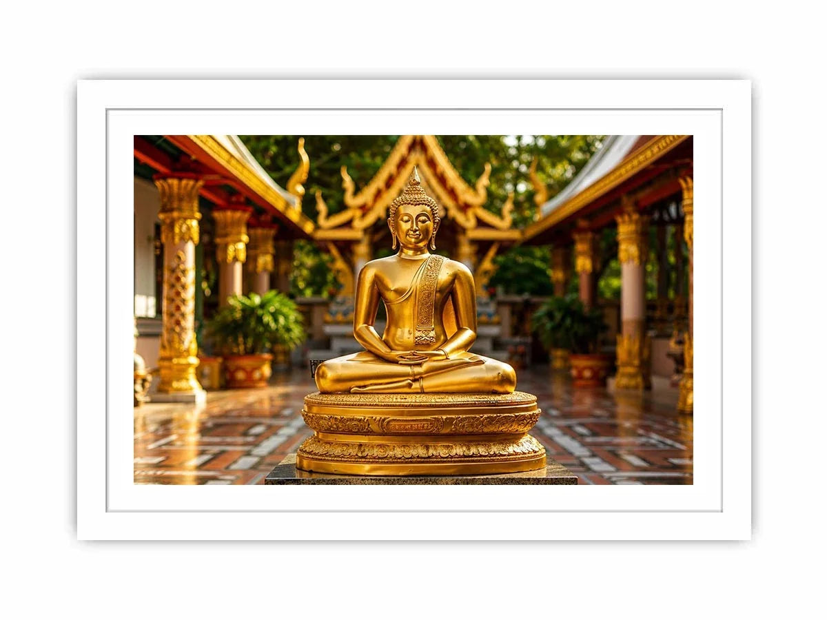 Golden Buddha in ornate temple setting