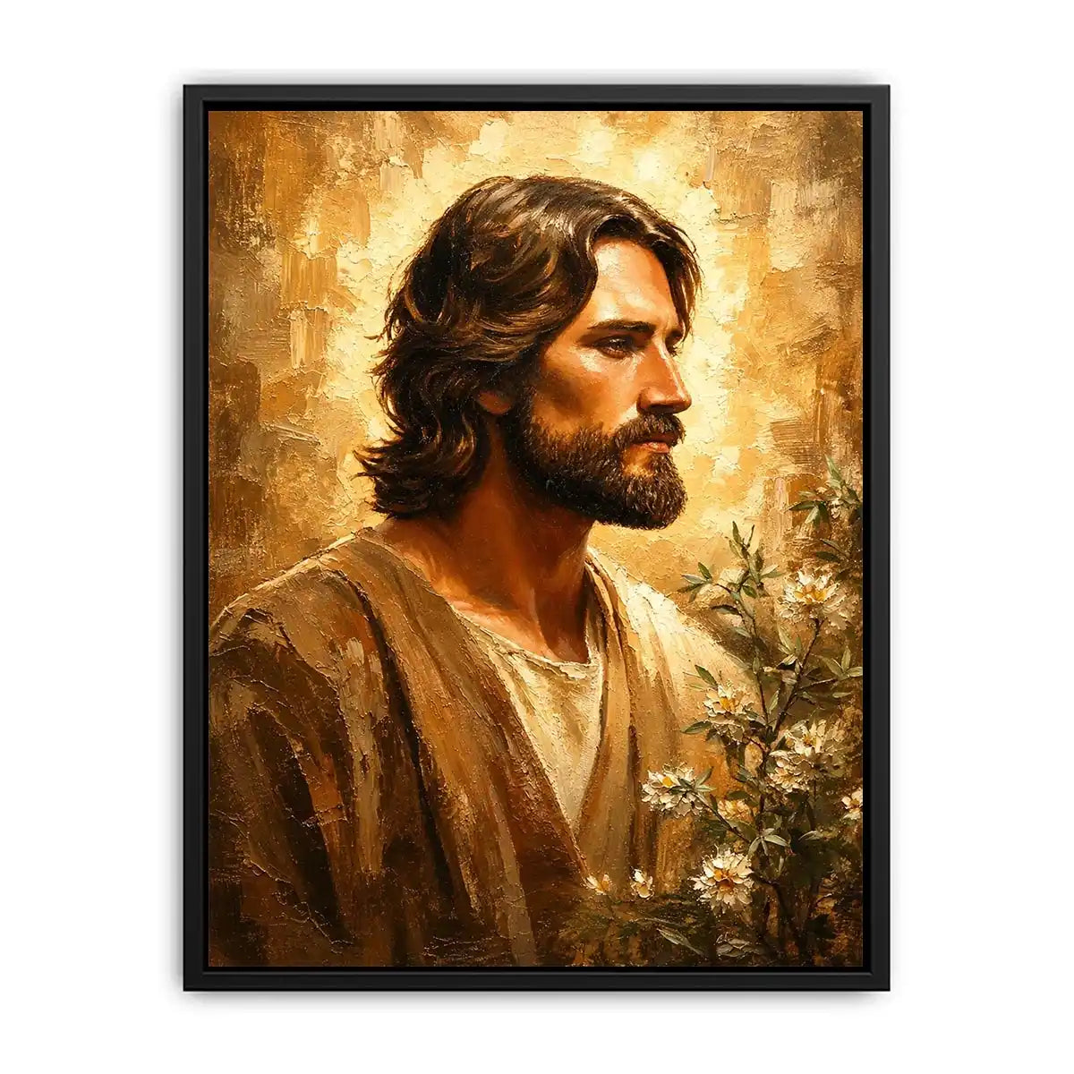 Golden haloed profile with olive branches