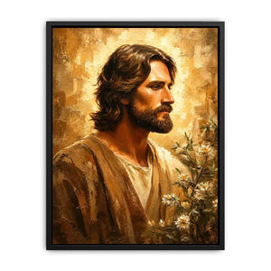 Golden haloed profile with olive branches
