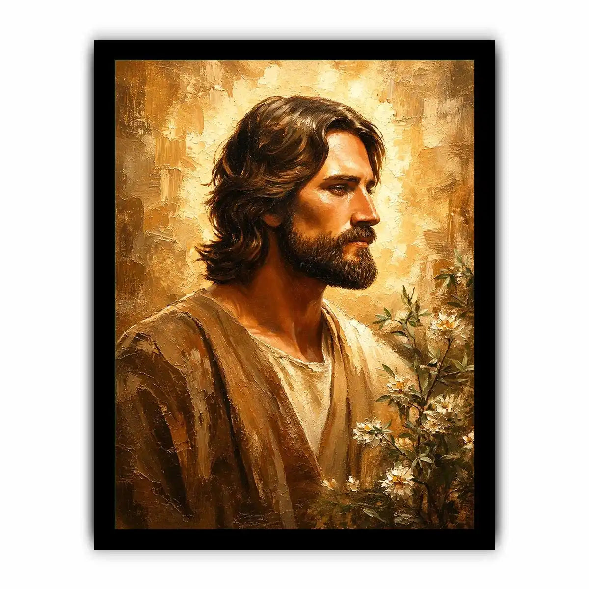 Golden haloed profile with olive branches