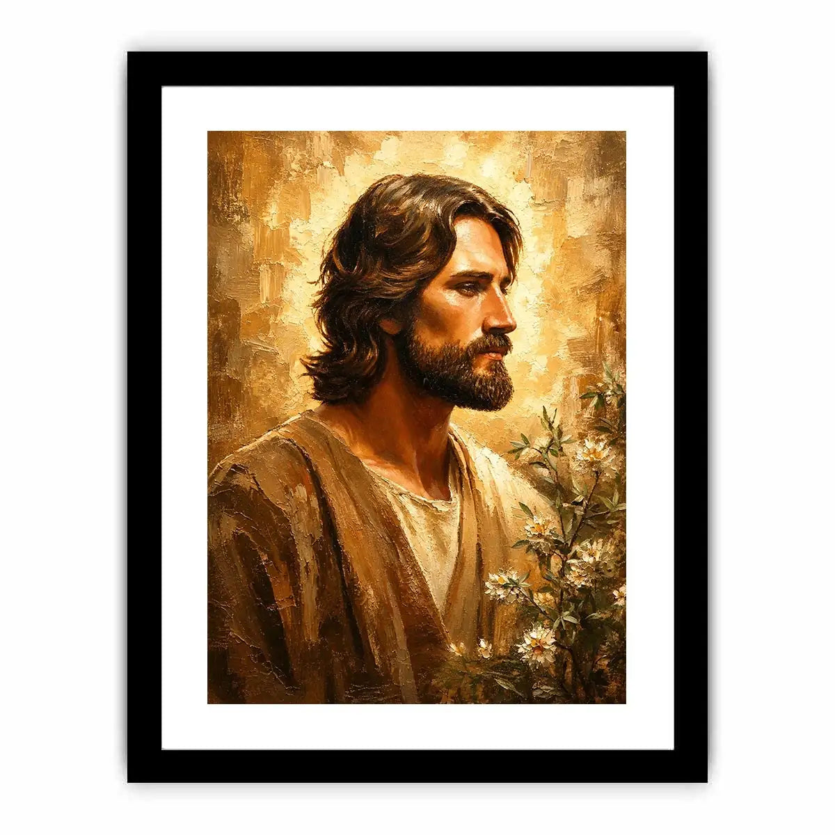 Golden haloed profile with olive branches