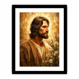 Golden haloed profile with olive branches