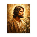 Golden haloed profile with olive branches