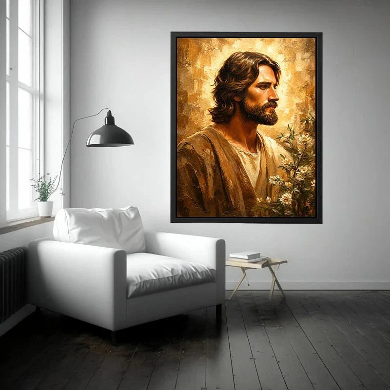 Golden haloed profile with olive branches