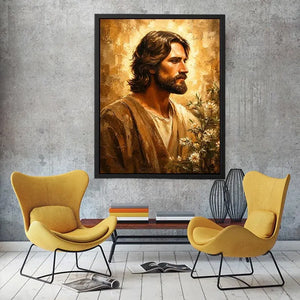 Golden haloed profile with olive branches
