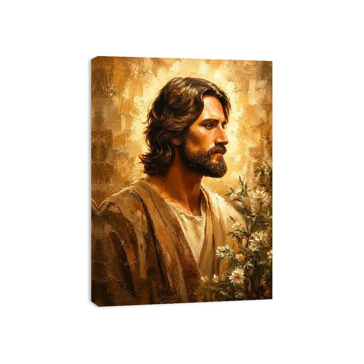 Golden haloed profile with olive branches