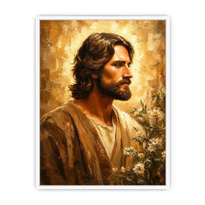 Golden haloed profile with olive branches